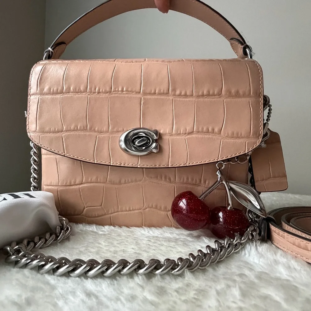 NWT Coach Embossed Croc Leather Cassie 19 bag in beige with cherry charm - Picture 1 of 15